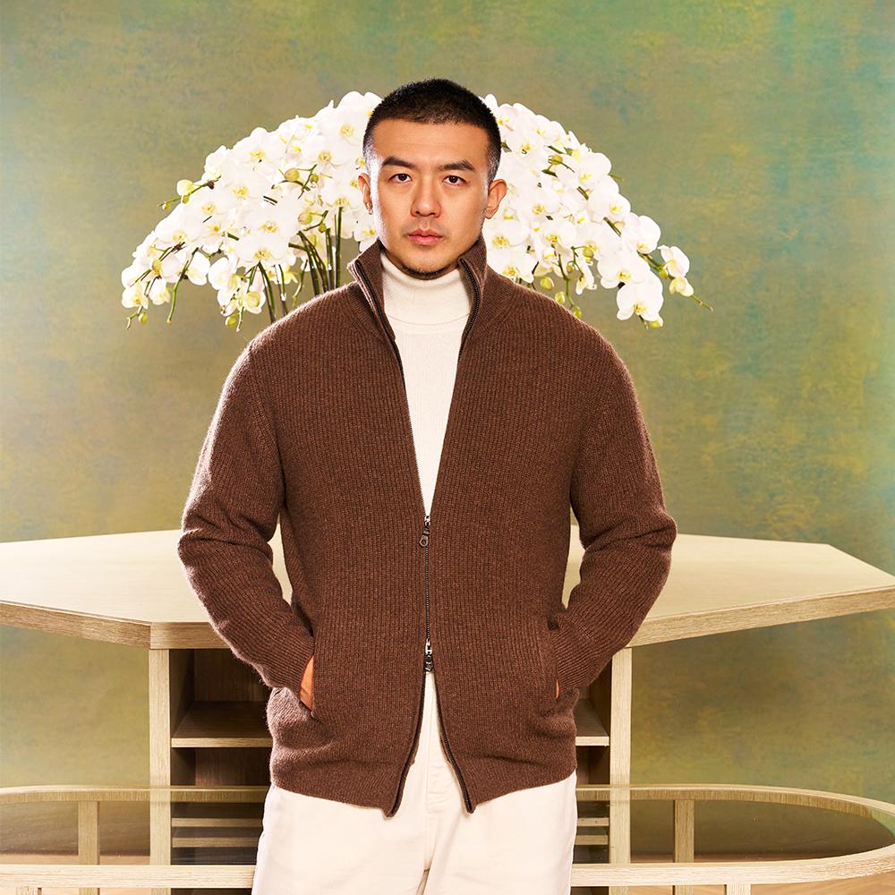 重磅山羊绒外套开衫男拉链立领针织休闲时尚冬厚款AllenXie艾伦谢