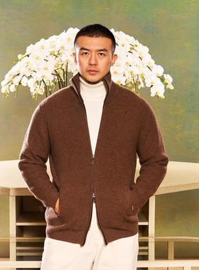 重磅山羊绒外套开衫男拉链立领针织休闲时尚冬厚款AllenXie艾伦谢