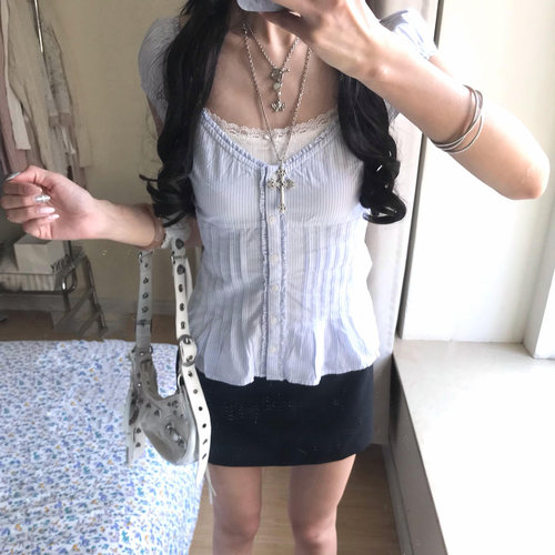 bm法式甜美泡泡袖短袖衬衫上衣女