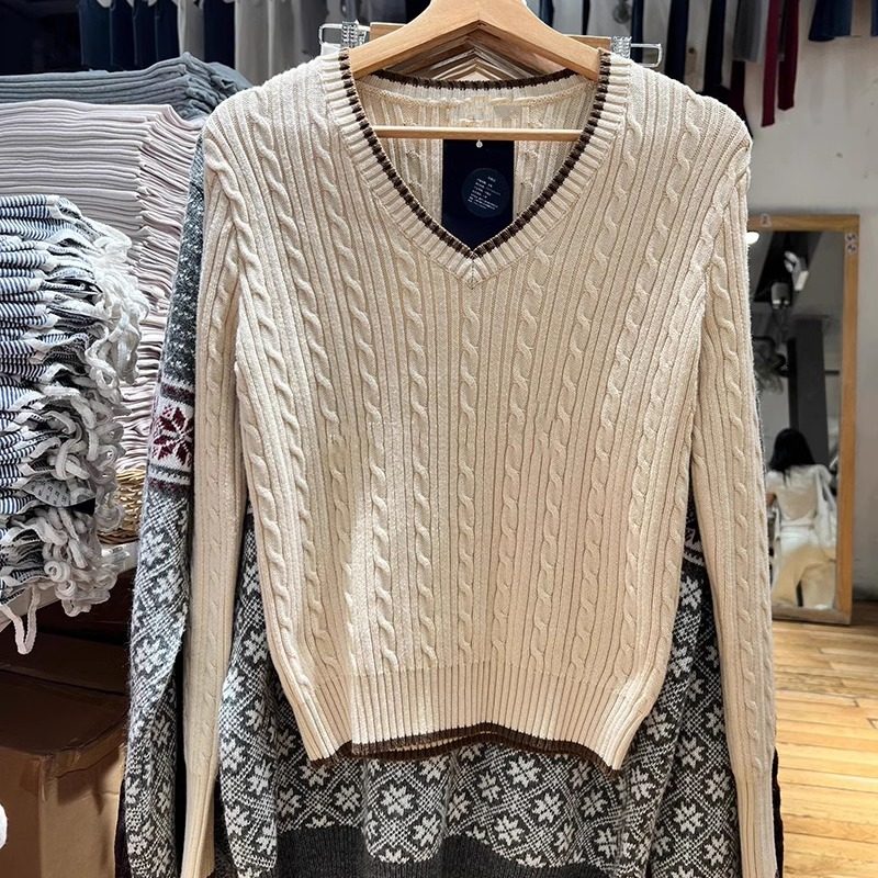 BM官网秋冬款美式复古百搭V领麻花针织衫bm学院风宽松毛衣上衣女