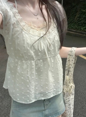 BrandyBM官网宅女同款白色波点蕾丝短袖衬衫女bm甜辣显瘦系带上衣