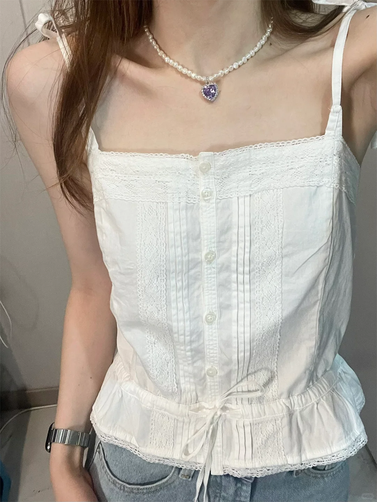 BrandyBM单排扣蕾丝系带吊带背心bm纯棉外搭短款上衣夏Maeve top