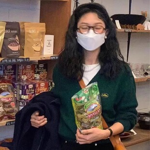 BM官网新款秋季Fever八奶同款复古圣诞绿V领针织衫bm毛衣开衫外套