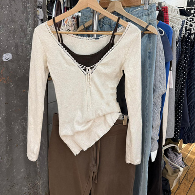 BM秋季白色蕾丝V领长袖T恤女