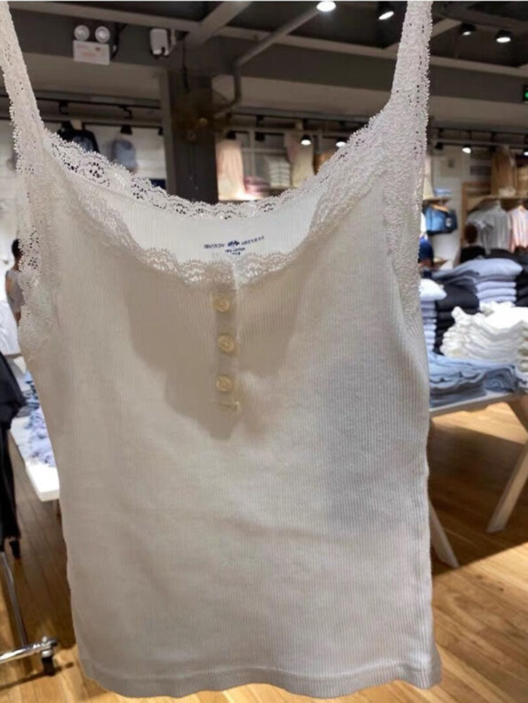 BrandyBM官网蕾丝边三粒扣吊带背心bm纯棉螺纹内搭上衣纯欲性感女