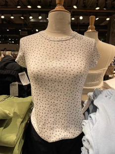 BrandyBM官网新款紫碎花孔眼纯欲T恤夏季圆领纯棉高腰短袖上衣女