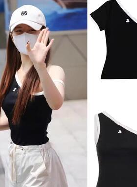 BM官网赵露思同款斜领露肩吊带bm修身显瘦甜酷辣妹背心短款上衣女