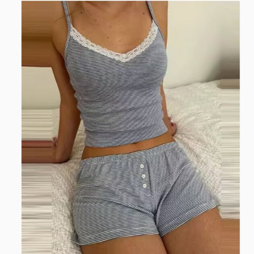 BM新款美式复古蕾丝边吊带短裤女