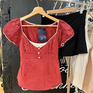 BM官网美式复古三粒扣红格纹短袖衬衫上衣女bm修身泡泡袖显瘦衬衣