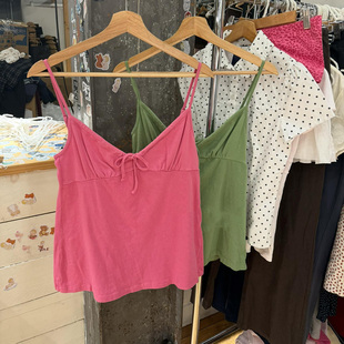 BM新款美式玫红色系带褶皱吊带背心bm夏季百搭修身显瘦打底上衣女