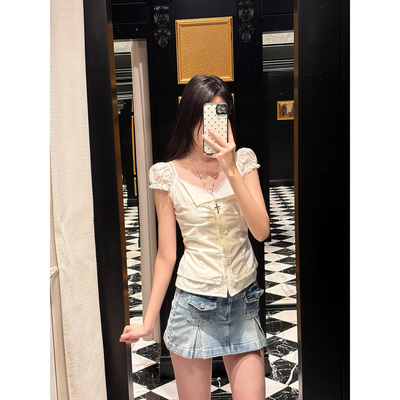 bm法式方领泡泡袖白色衬衫上衣女