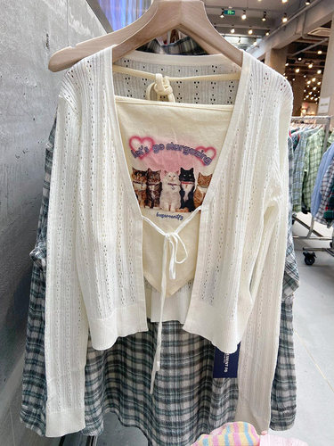 BrandyBM官网周洁琼白色镂空长袖系带针织衫bm开衫防晒上衣女外套