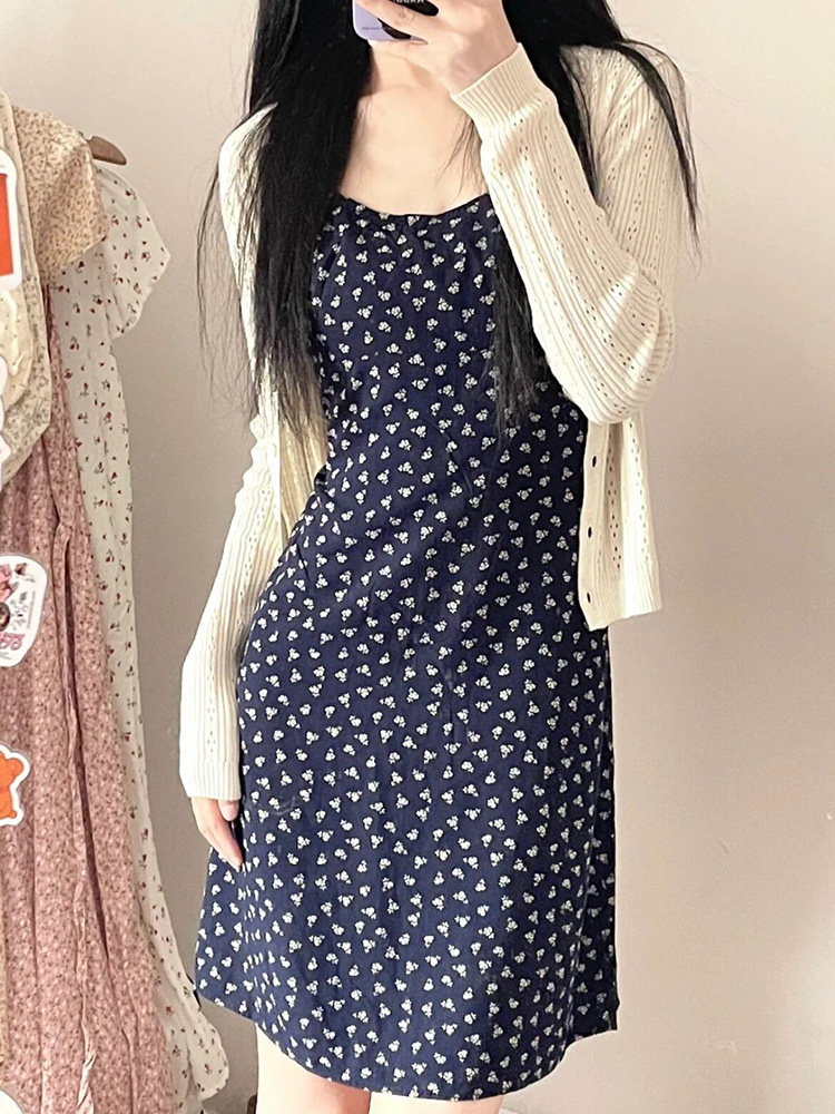 BrandyBM官网新款藏蓝色碎花吊带连衣裙长裙bm收腰系带显瘦裙子女图片