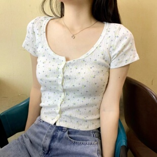 BrandyBM官网圆领碎花上衣开衫小清新修身高腰短袖夏季纯棉开衫女