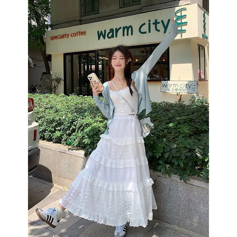 BM官网百搭蕾丝花边白色半身裙女bm秋冬高腰A字裙甜美蛋糕中长裙
