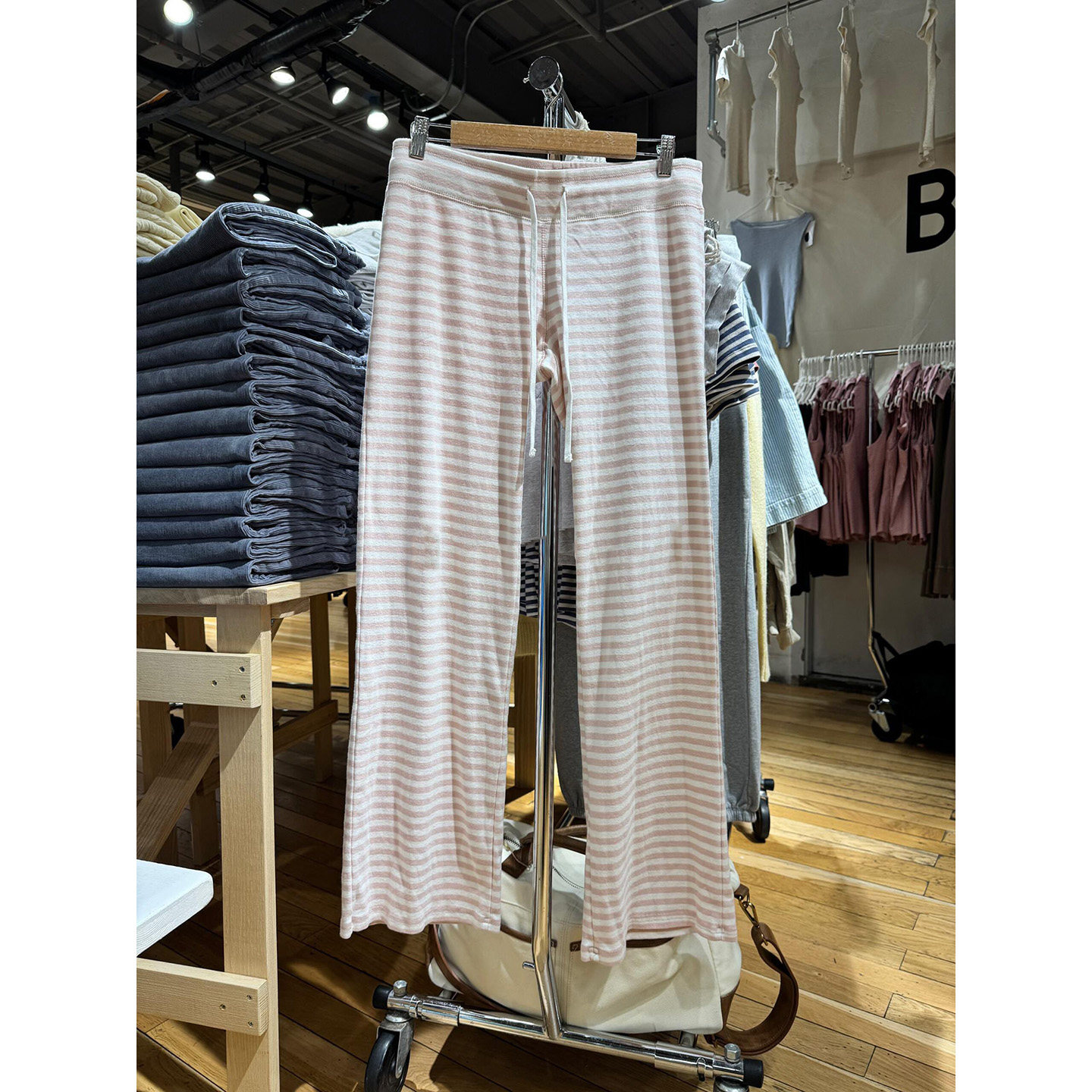BM新款低腰粉色条纹系带直筒长裤bm秋季百搭抽绳松紧腰居家休闲裤