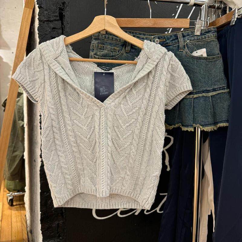 BM官网美式复古麻花V领连帽短袖针织衫女bm休闲套头毛衣坎肩上衣