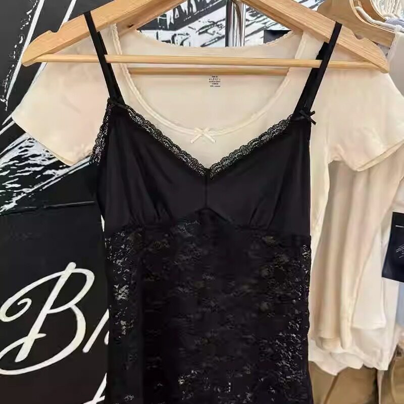 BM官网新款V领蕾丝蝴蝶结吊带背心女夏季内搭bm透视薄款显瘦上衣