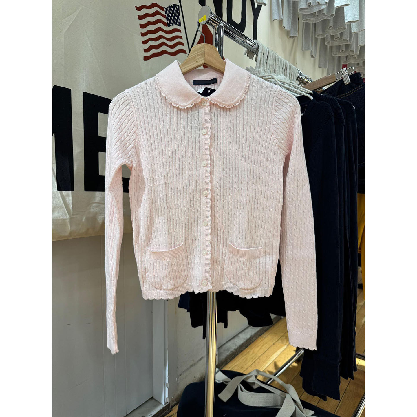 BM新款娃娃领花边麻花针织开衫bm秋季单排扣百搭修身长袖外套上衣