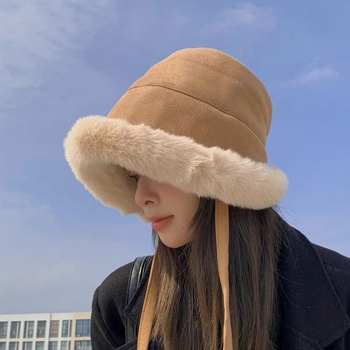 Y新款加厚保暖盆帽毛绒渔夫帽蒙古帽女护耳冬季防风雷锋帽麂皮绒X