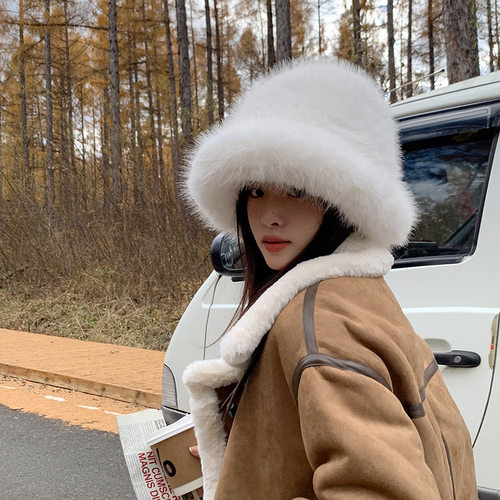 仿狐狸毛皮草帽子女秋冬季毛绒渔夫帽白色显脸小保暖护耳休闲百搭