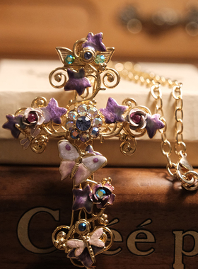 Vintage中古首饰KirksFolly蝴蝶珐琅彩十字架胸针吊坠项链