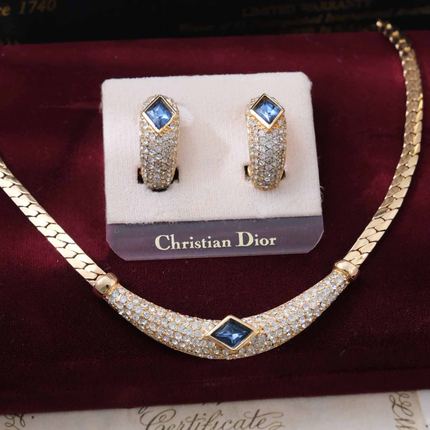 Vintage古董首饰DI0R复古优雅金蓝色水晶耳夹中古项链套装B31