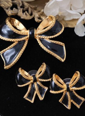 LiliaVintage古董首饰Avon雅芳黑色珐琅彩蝴蝶结项链扣子中古耳钉