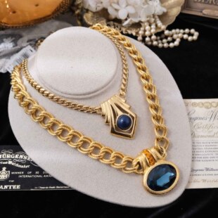 Vintage古董首饰Napier蓝色复古水晶链条摩登优雅宴会中古项链B15