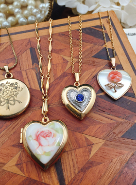 LiliaVintage西洋古董首饰舶来复古合金宫廷心圆型相片盒项链B22