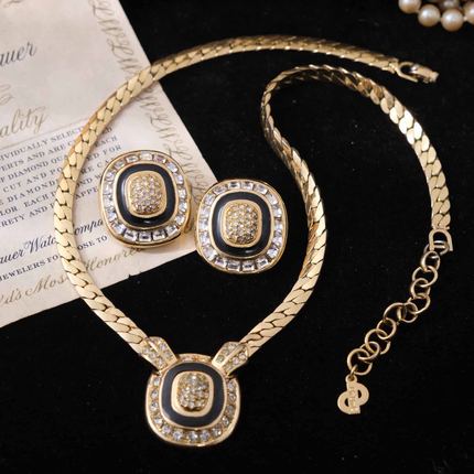 Vintage古董首饰DI0R复古优雅黑金色珐琅彩水晶中古耳夹项链B31