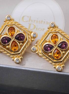 Vintage古董首饰DI0R复古优雅黄色方形水晶礼物婚礼中古耳夹D33