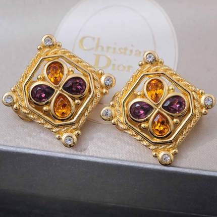 Vintage古董首饰DI0R复古优雅黄色方形水晶礼物婚礼中古耳夹D33