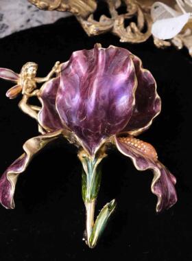 Vintage古董首饰KirksFolly蓝紫色珐琅彩鸢尾花仙子中古稀有胸针