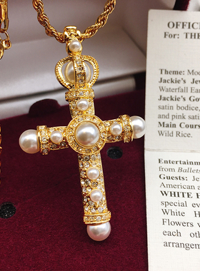 Vintage中古首饰JBK杰奎琳复古精致人造珍珠镶钻十字架胸针项链