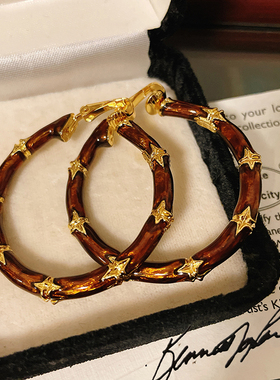 Vintage中古耳饰KJL茶色珐琅彩竹节金色港风气质圈圈复古耳环耳夹