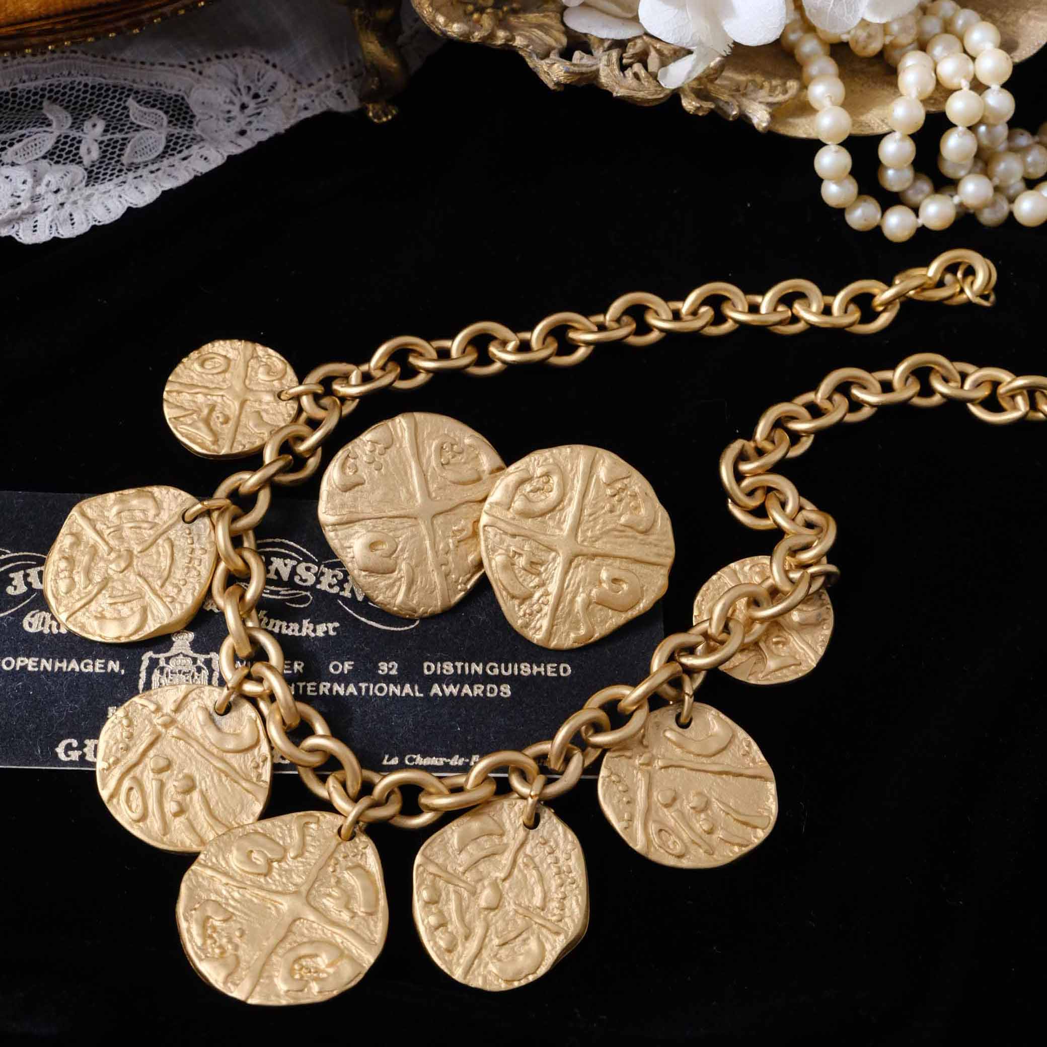 LiliaVintage古董首饰Monet莫奈仿古币雾面金中古耳夹项链套装
