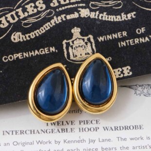 Vintage海外中古首饰Napier复古蓝色水晶优雅气质无耳洞耳夹E4