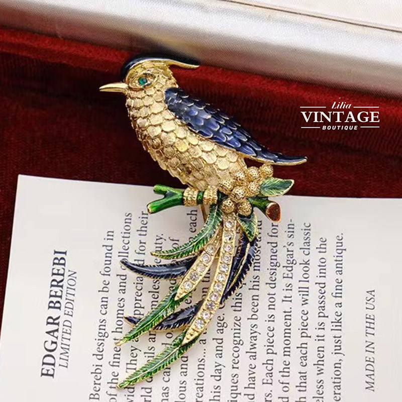 LiliaVintage欧洲古董首饰Sphinx手绘珐琅彩天堂鸟西装毛衣胸针