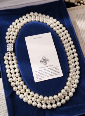 Vintage中古首饰JBK杰奎琳优雅三层珍珠项链水晶胸针礼物套装