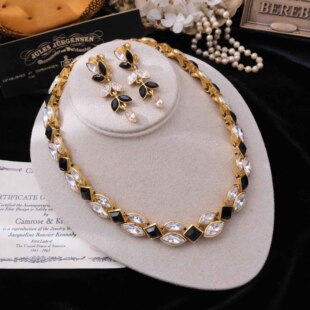 Vintage古董首饰Napier 90年代黑白水晶摩登优雅中古耳夹项链套装