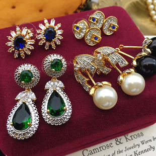 Vintage中古饰品JBK杰奎琳蓝水晶气质珍珠礼物宴会祖母绿复古耳钉