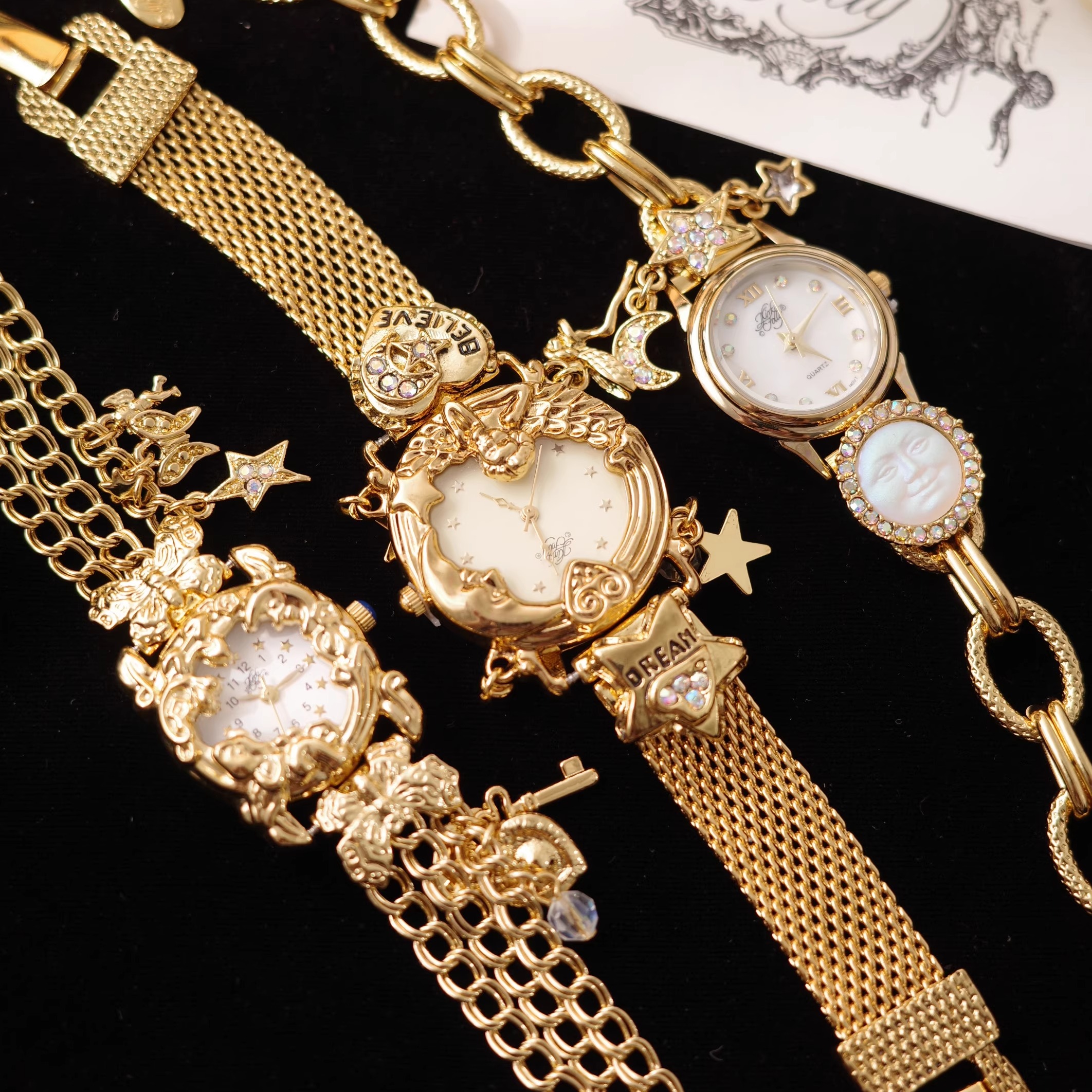 天使月亮浮雕多吊坠中古手链手表