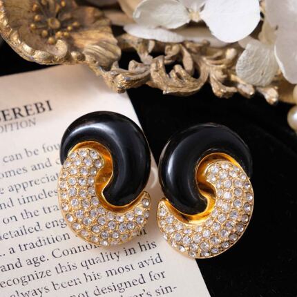 Vintage古董首饰DI0R复古D家水晶珐琅彩黑金色优雅中古耳夹D31