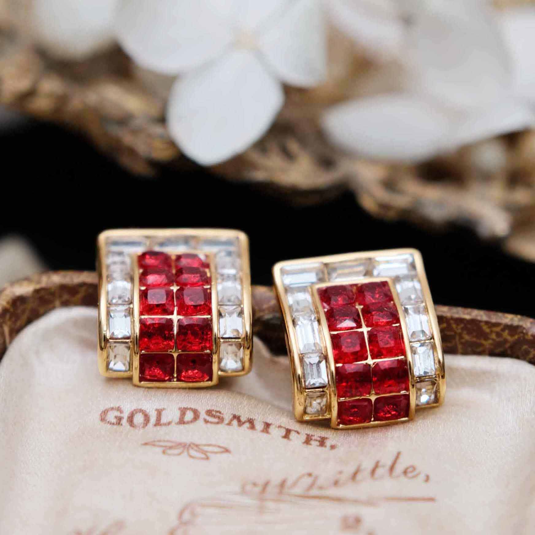 vintage意大利现代首饰新年圣诞红色水晶镀金高级感复古耳夹耳钉