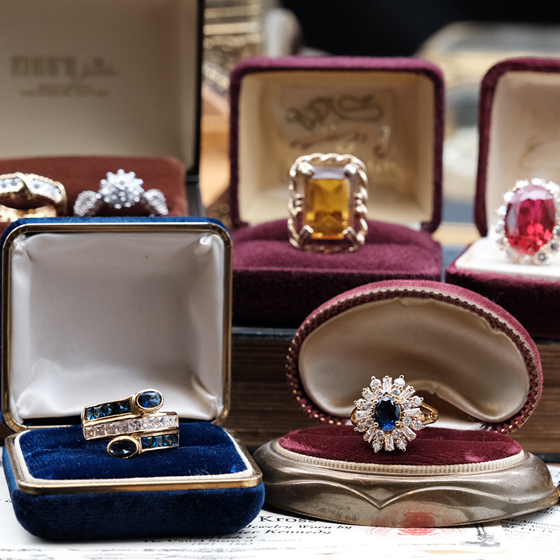 Vintage古董首饰JBK复古宫廷镀金蓝绿红宝石宴会礼物水晶中古戒指