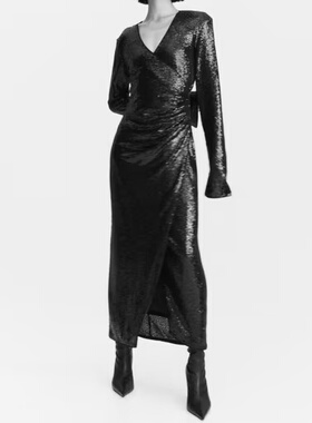 外贸单H家重工女高品质2025秋季新款法式舞台褶皱性感亮片连衣裙