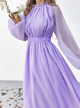 外贸单高品质淑女温柔紫色秋季新款法式复古灯笼袖收腰网纱连衣裙