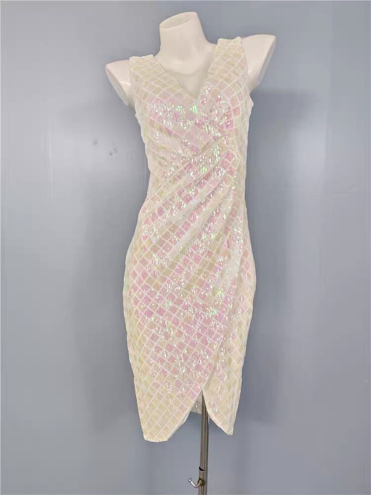 外贸单夏季新款唯美淑女亮片性感露背吊带生日派对褶皱包臀连衣裙