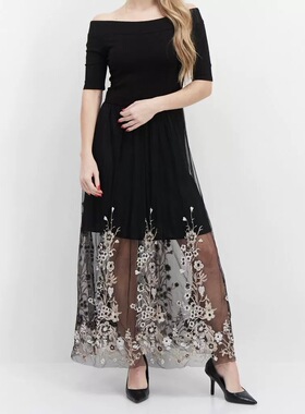 外贸2026夏季新款时尚百搭修身显瘦性感绣花辣妹网纱一字肩连衣裙